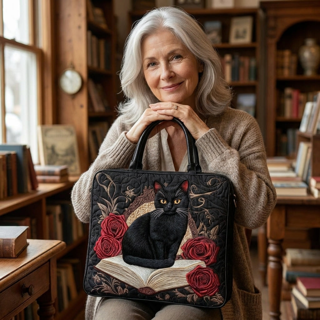 Quilted Artisan Bag - Black Cat on Books
