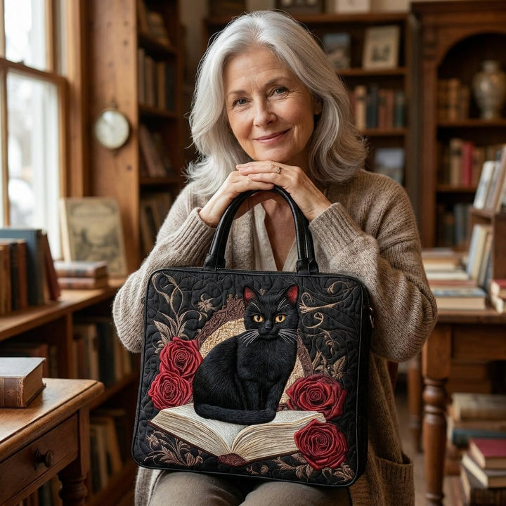 Quilted Artisan Bag - Black Cat on Books