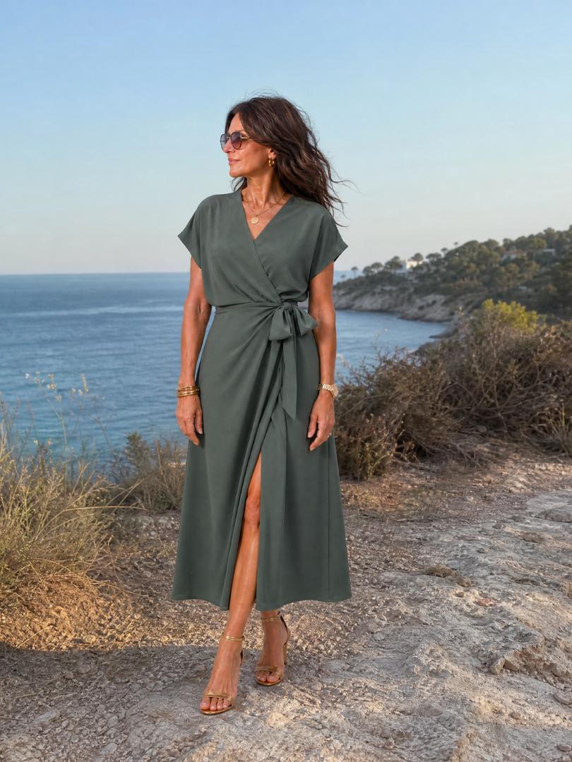 Oklea | Short Sleeve Wrap Tie Midi Dress