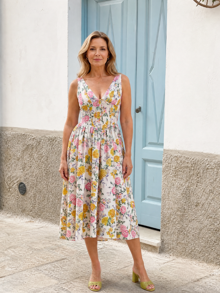 Elique | Sleeveless Floral V Neck Midi Dress