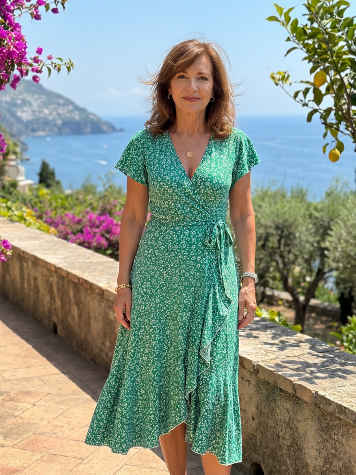 Samore | Floral Wrap Ruffle Midi Dress