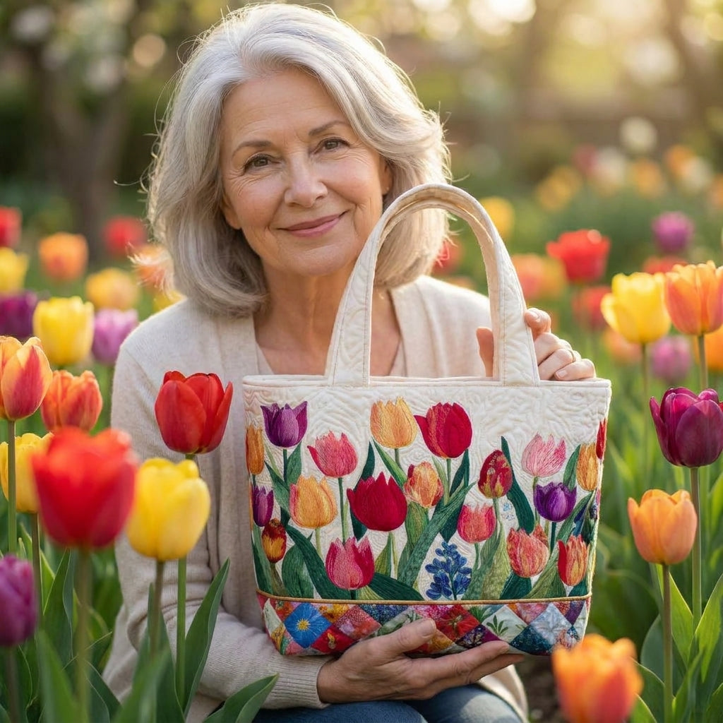 Quilted Tote Bag - Tulip Garden