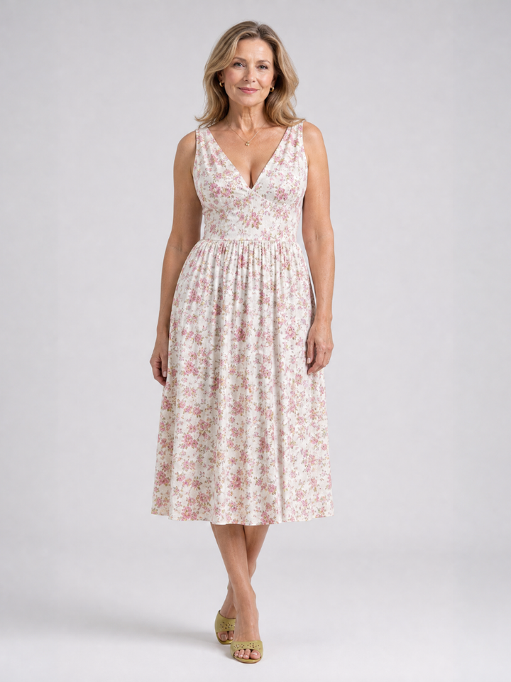 Elique | Sleeveless Floral V Neck Midi Dress