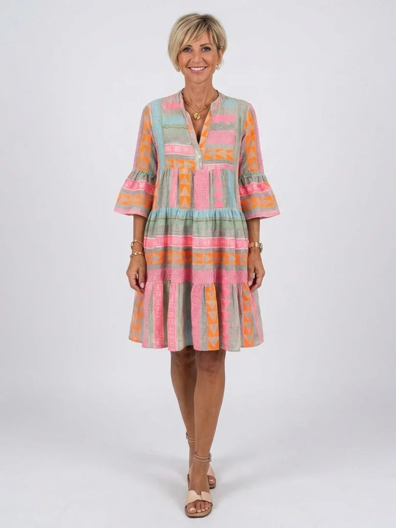 Maelle | Geometric Print V Neck Tiered Knee Length Dress