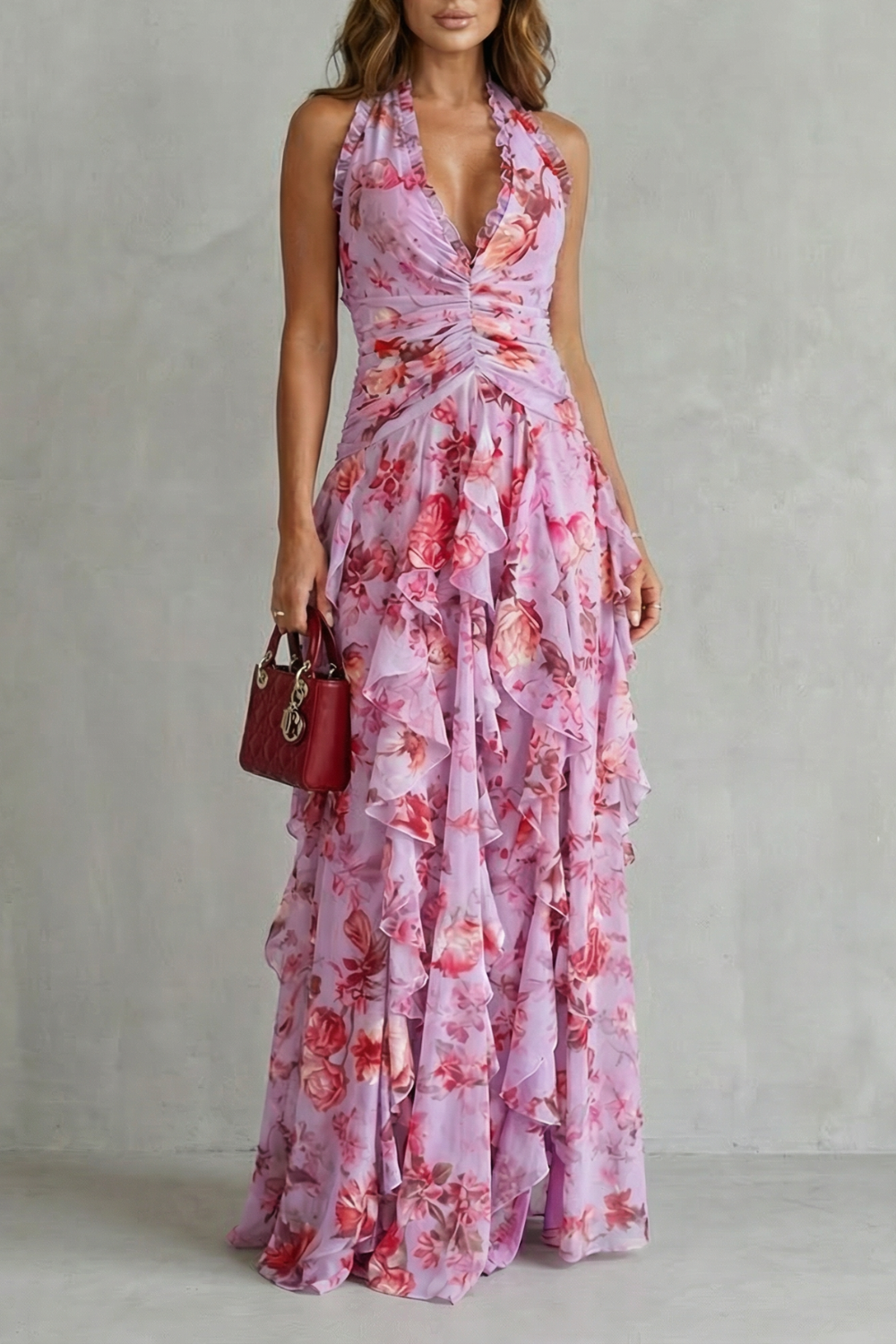 Belladina | Rose Cascade Long Dress with American Neckline