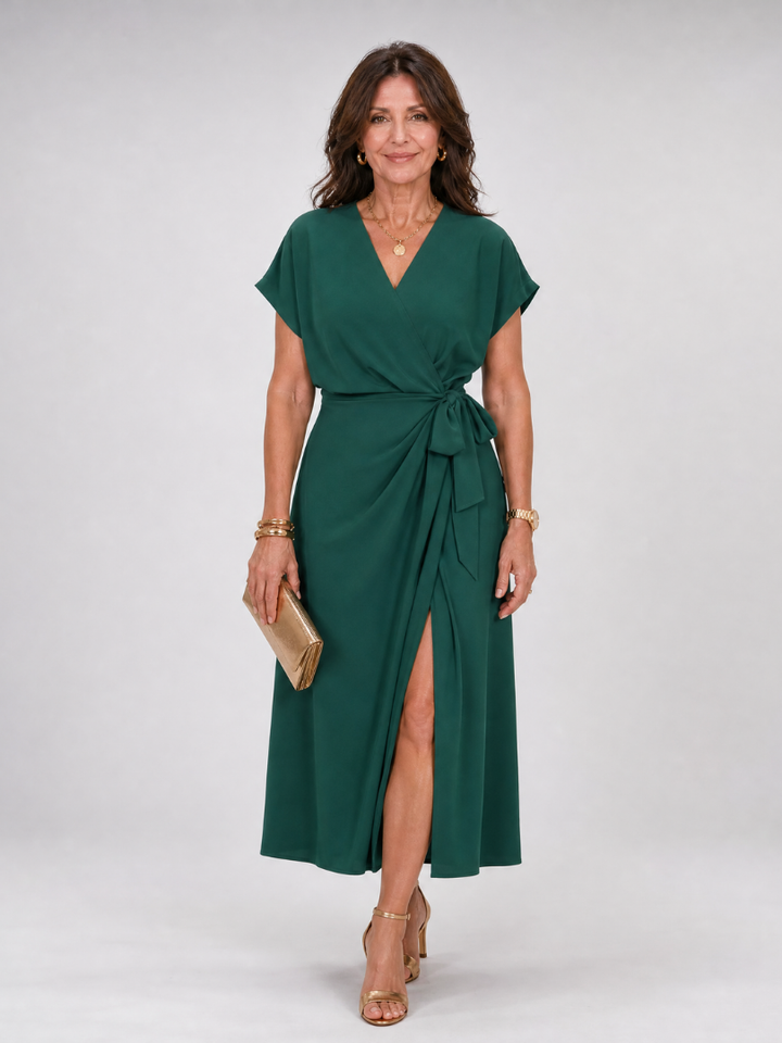 Oklea | Short Sleeve Wrap Tie Midi Dress