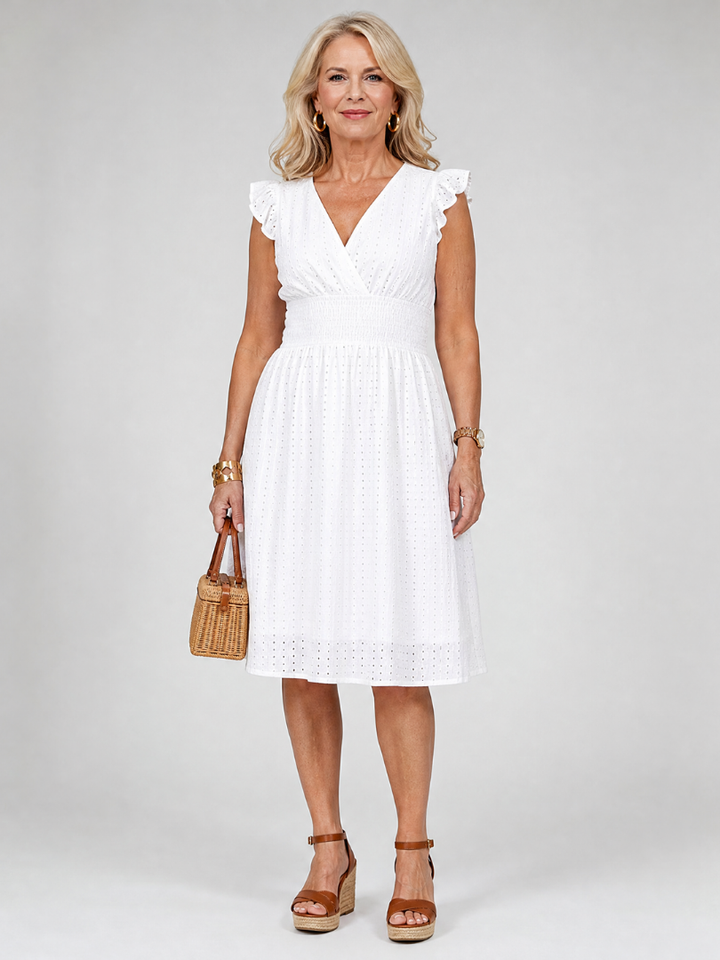 Cemlo | Sleeveless Eyelet V Neck Midi Dress