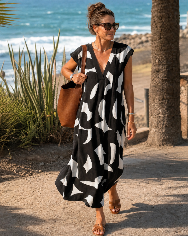 Verain | Abstract Print V Neck Flowing Midi Dress