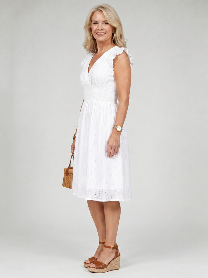 Cemlo | Sleeveless Eyelet V Neck Midi Dress