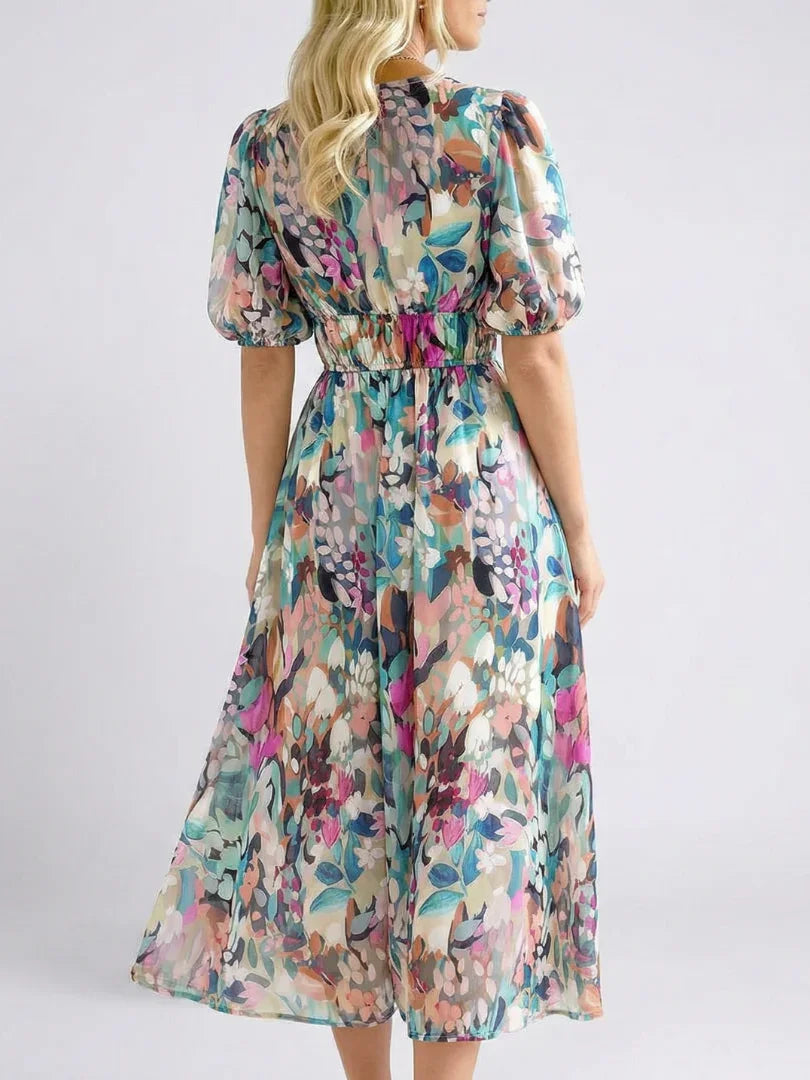 Eulalie | V Neck Short Sleeve Gathered Waist Midi Dress