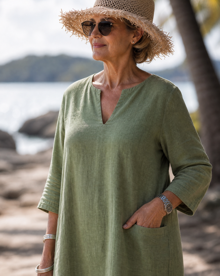 Elixir | Textured V Neck Three Quarter Sleeve Knee Length Dress