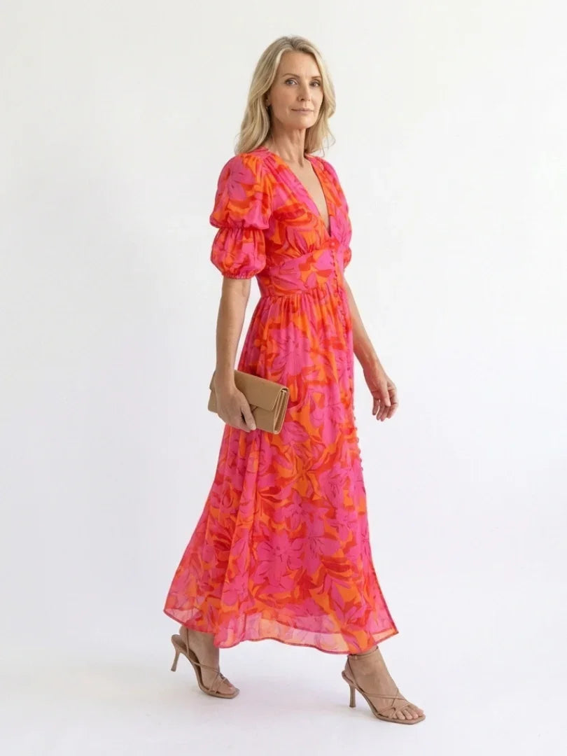 Willow | Floral V Neck Puff Sleeve Midi Dress