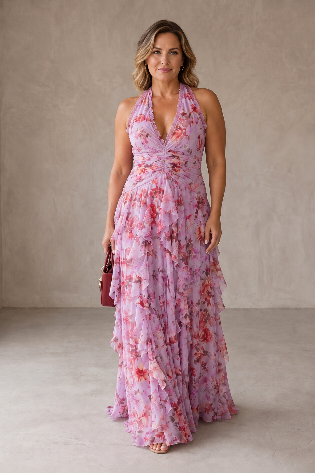 Belladina | Rose Cascade Long Dress with American Neckline