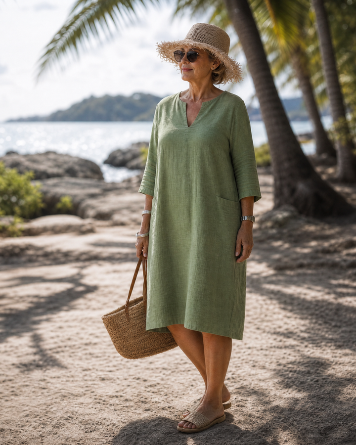 Elixir | Textured V Neck Three Quarter Sleeve Knee Length Dress