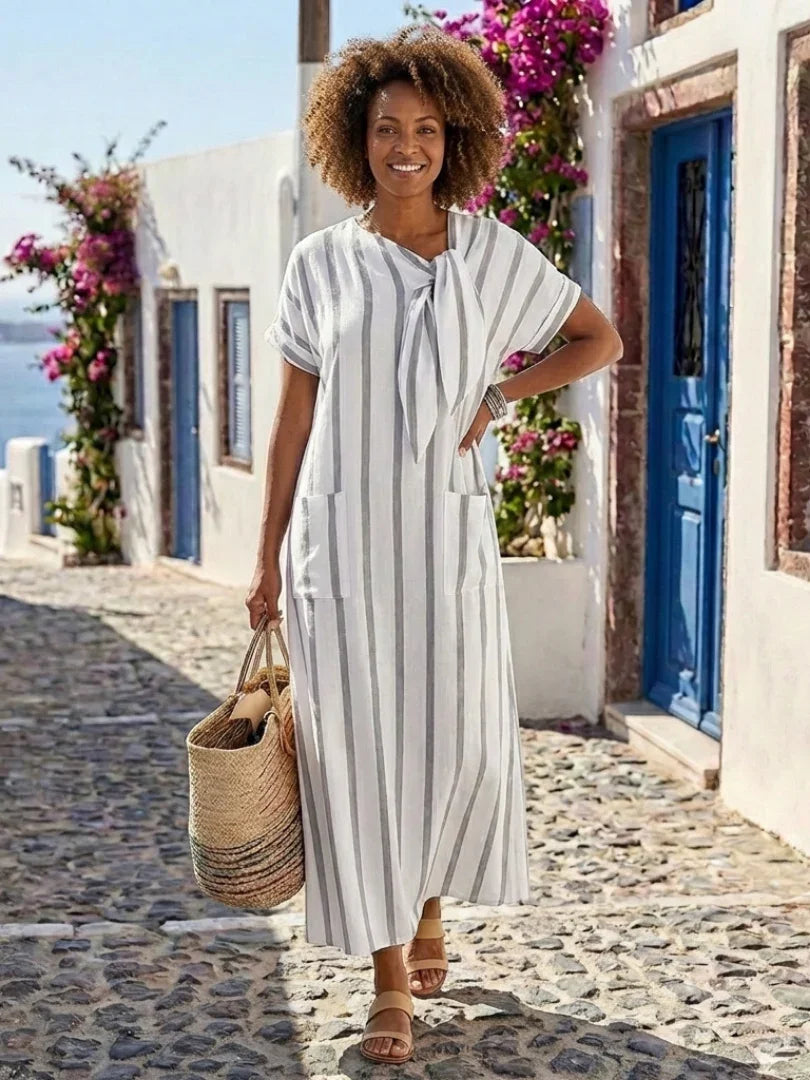 Elaris | Short Sleeve Striped Tie Neck Pocket Midi Dress