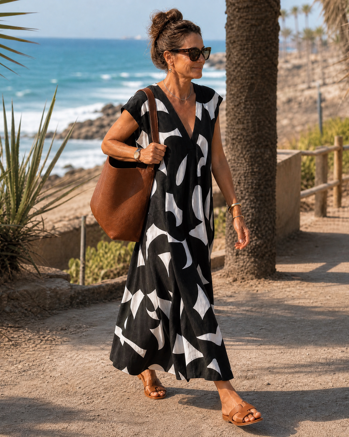 Verain | Abstract Print V Neck Flowing Midi Dress