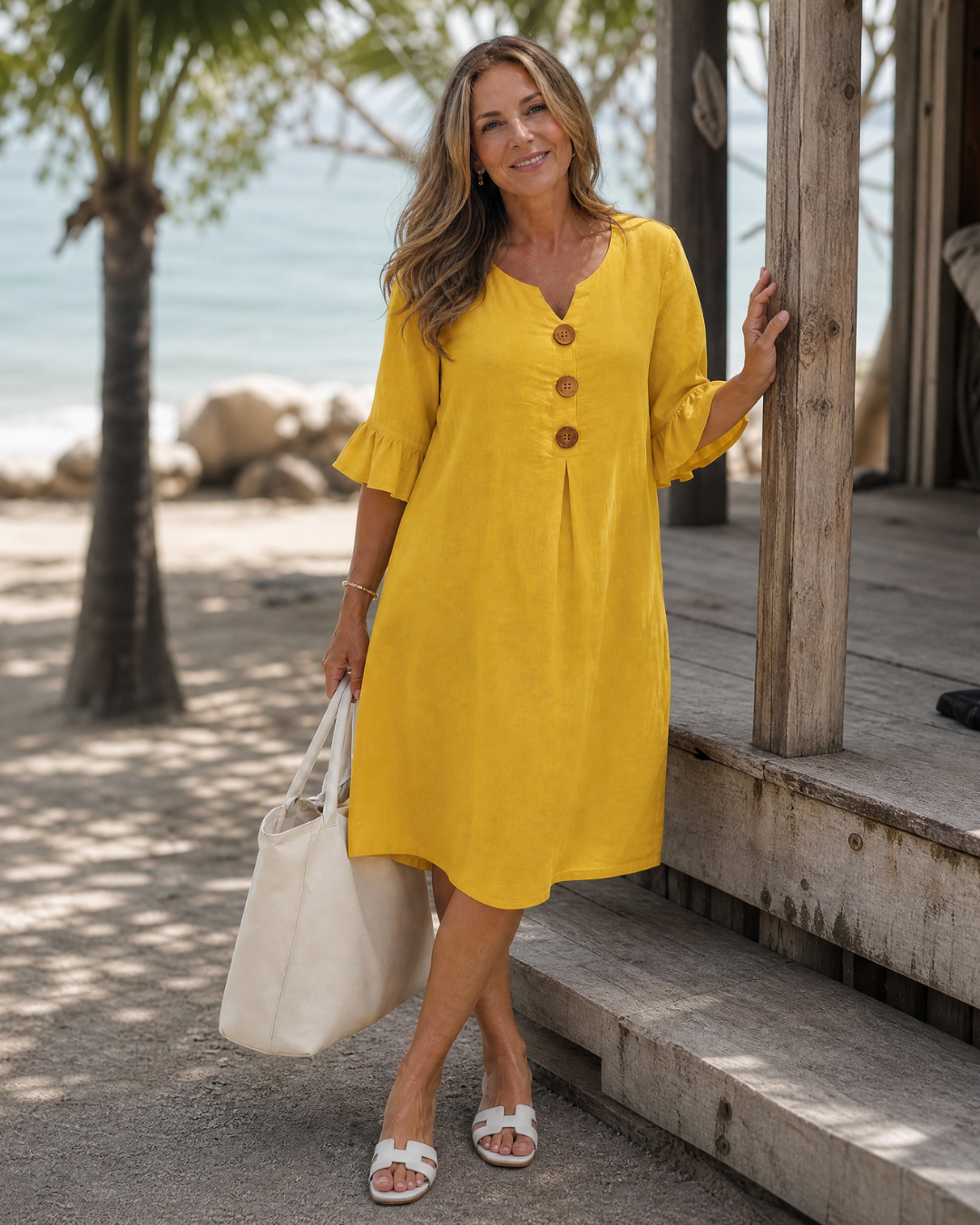 Comros | Button Detail Ruffle Sleeve Relaxed Midi Dress