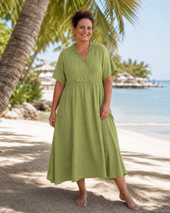 Eupherene | Textured V Neck Relaxed Short Sleeve Midi Dress