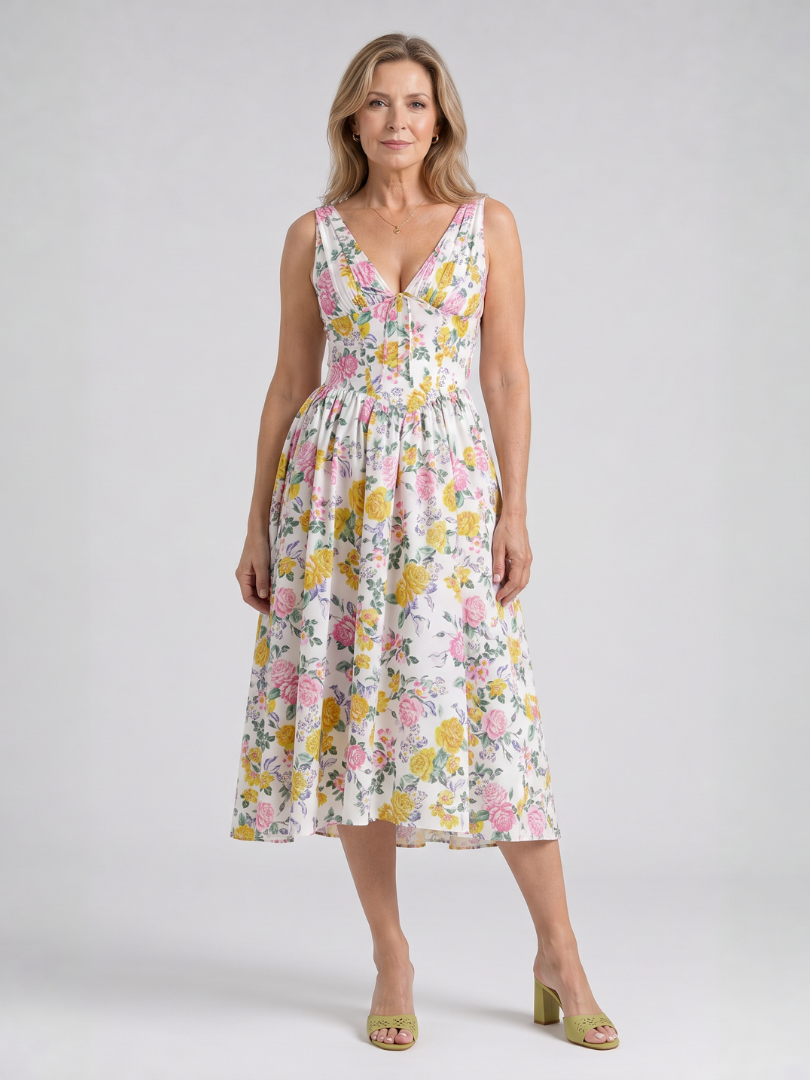 Elique | Sleeveless Floral V Neck Midi Dress