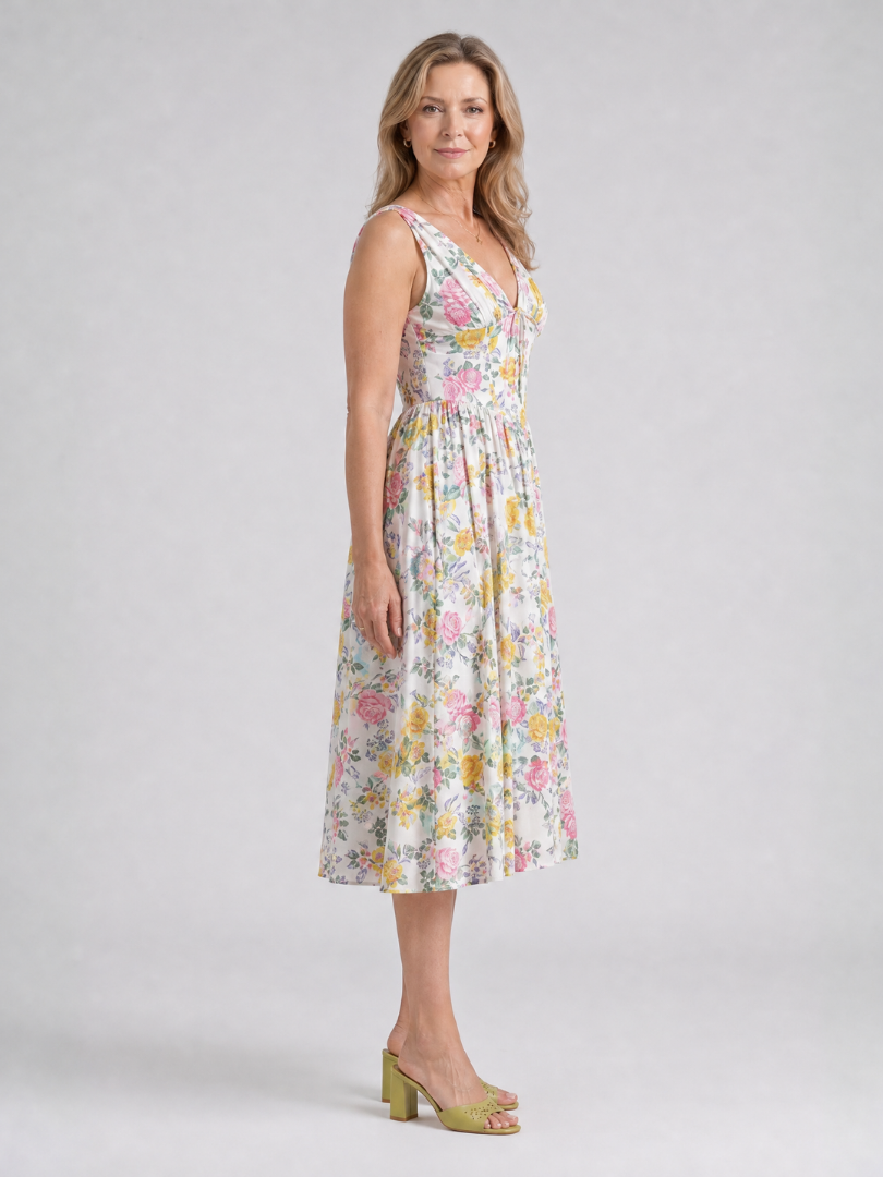 Elique | Sleeveless Floral V Neck Midi Dress