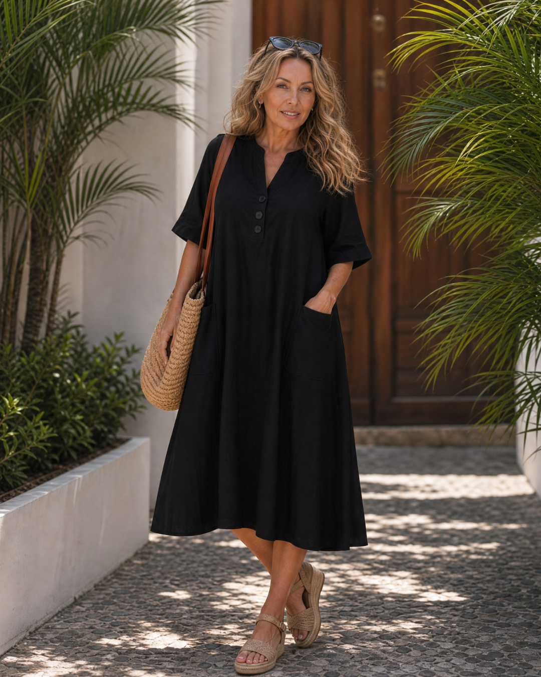 Lumar | Button Detail Three Quarter Sleeve Relaxed Midi Dress