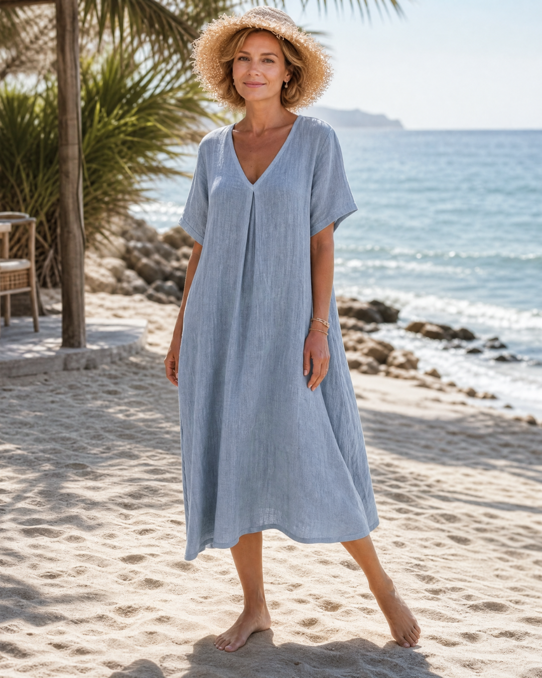 Thamal | Washed Cotton Blend V Neck Relaxed Midi Dress