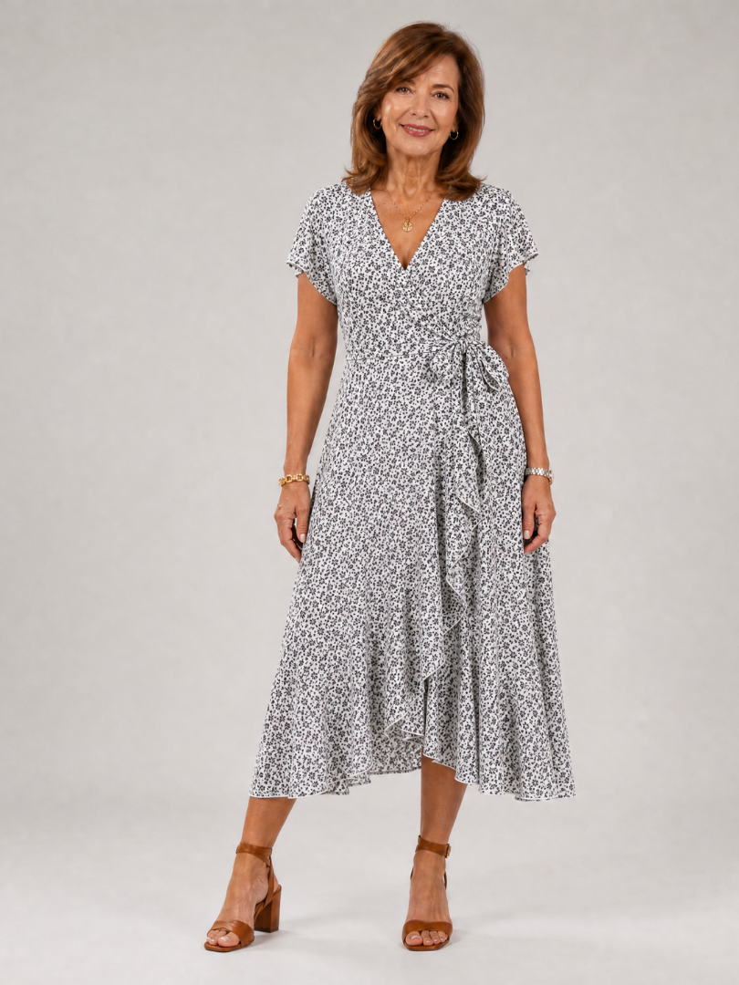 Samore | Floral Wrap Ruffle Midi Dress