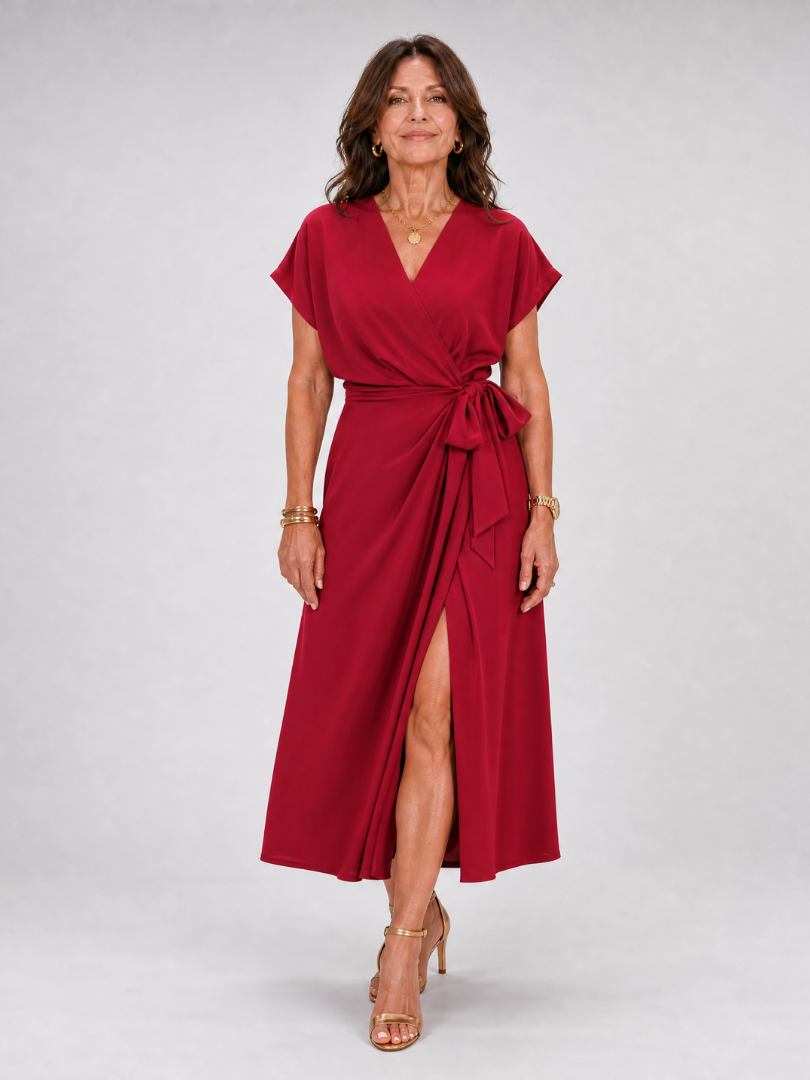 Oklea | Short Sleeve Wrap Tie Midi Dress