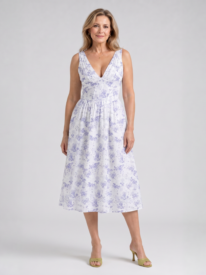 Elique | Sleeveless Floral V Neck Midi Dress