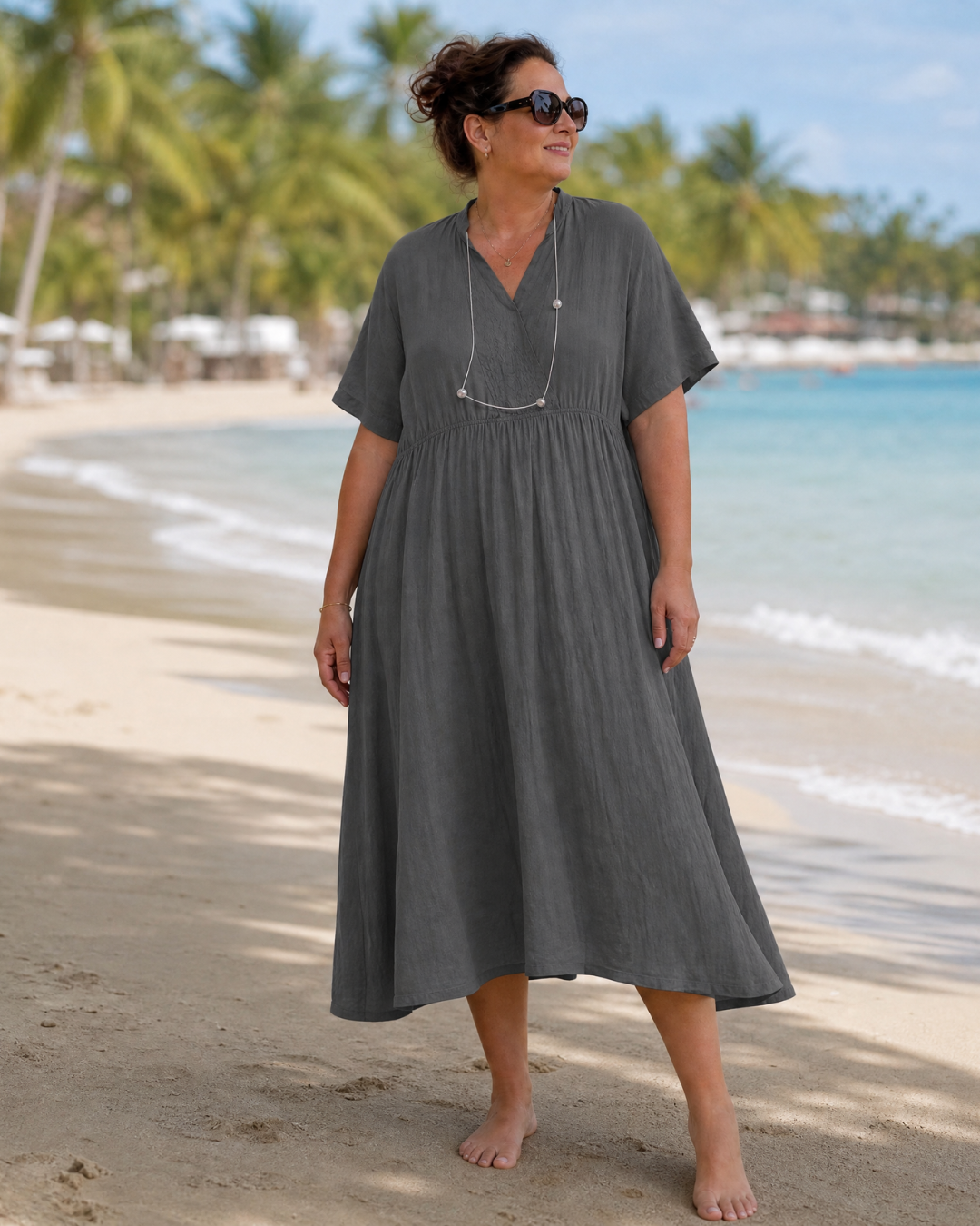 Eupherene | Textured V Neck Relaxed Short Sleeve Midi Dress