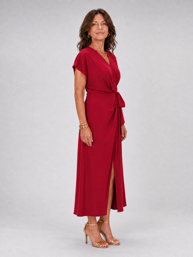 Oklea | Short Sleeve Wrap Tie Midi Dress