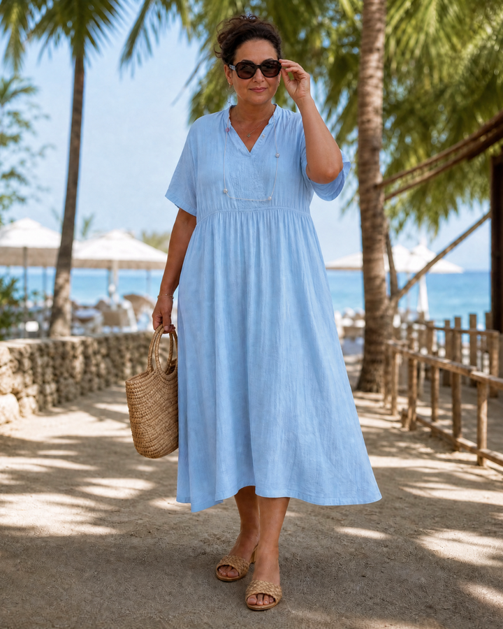 Eupherene | Textured V Neck Relaxed Short Sleeve Midi Dress
