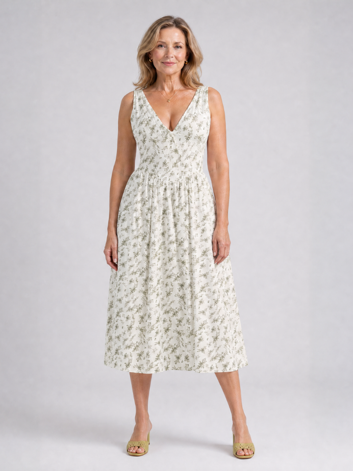 Elique | Sleeveless Floral V Neck Midi Dress