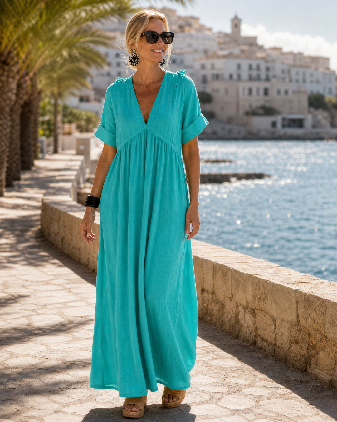 Zomla  | Textured V Neck Short Sleeve Flowing Midi Dress