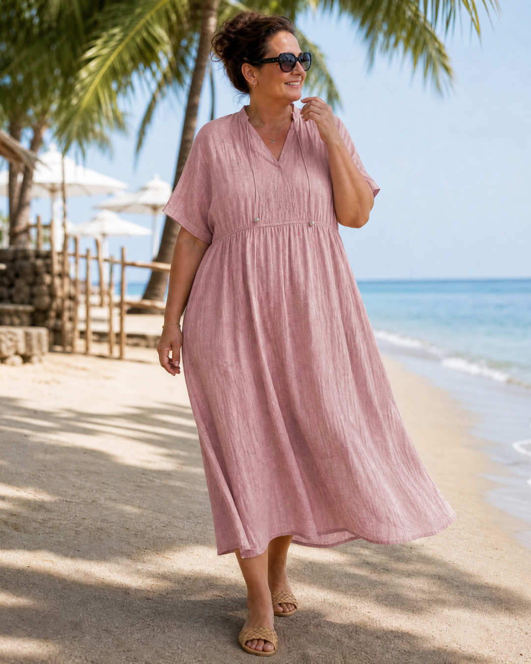 Eupherene | Textured V Neck Relaxed Short Sleeve Midi Dress