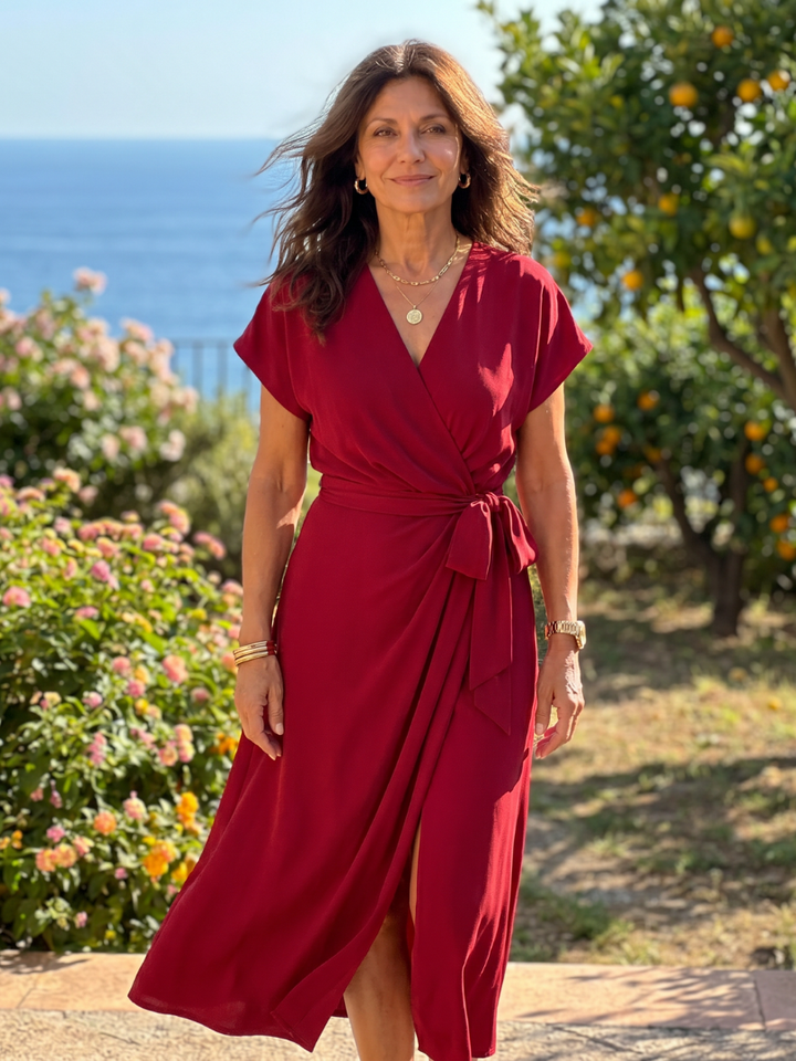 Oklea | Short Sleeve Wrap Tie Midi Dress