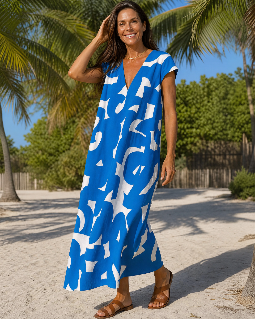 Verain | Abstract Print V Neck Flowing Midi Dress