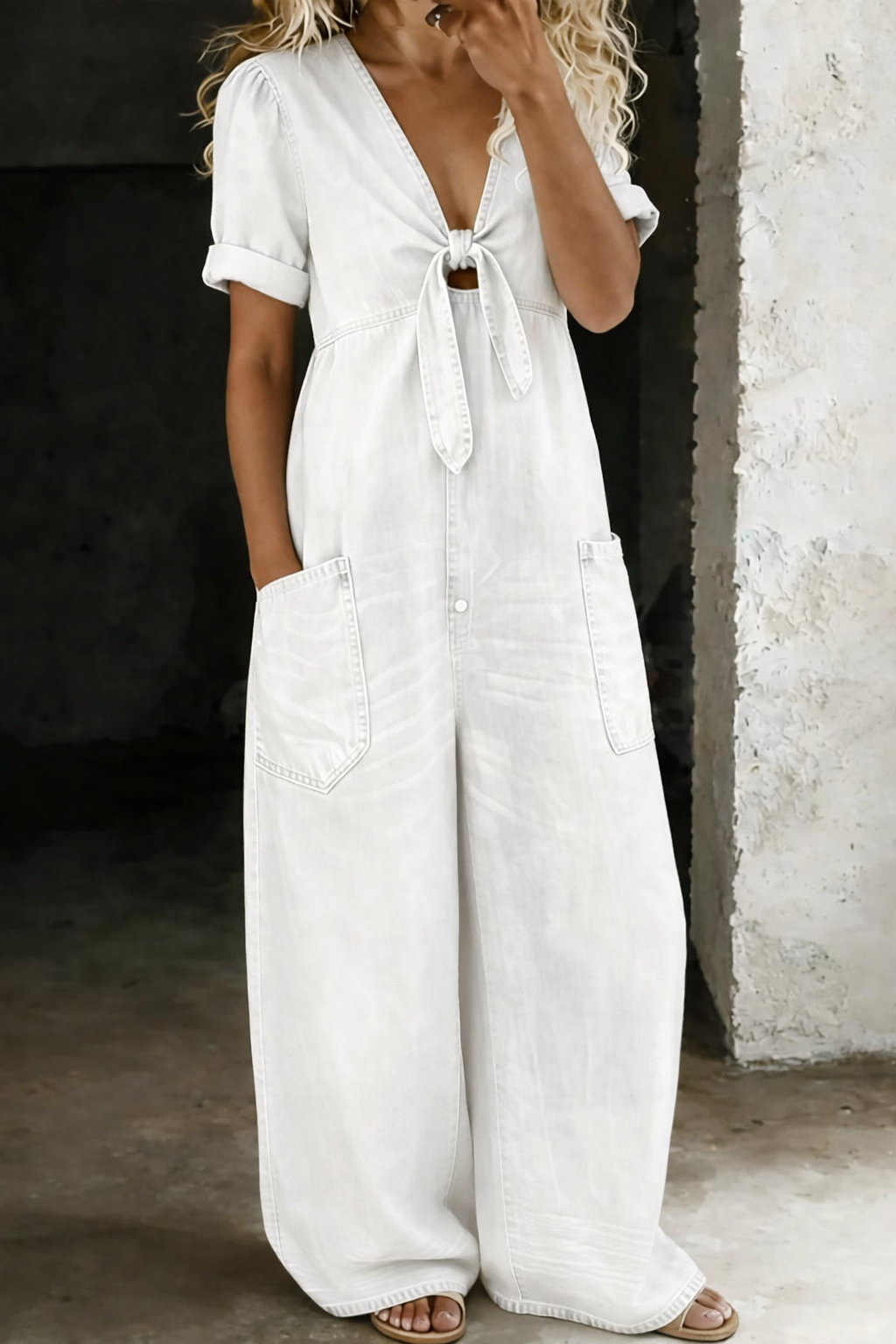 Lucienne | V-Neck Wide-Leg Denim Jumpsuit