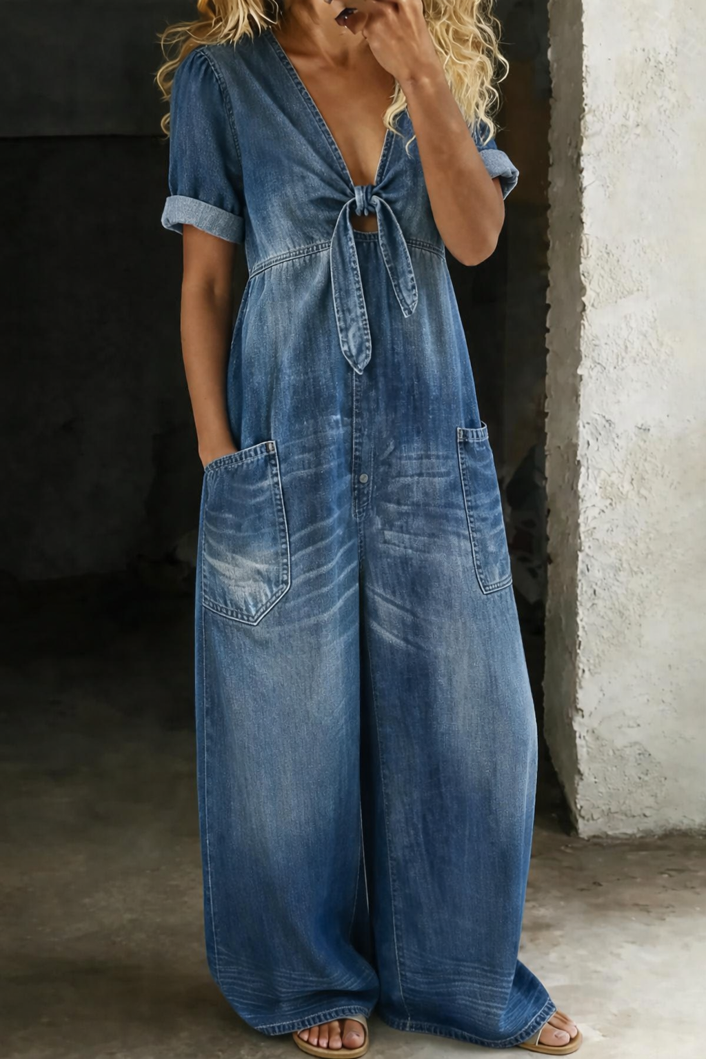 Lucienne | V-Neck Wide-Leg Denim Jumpsuit