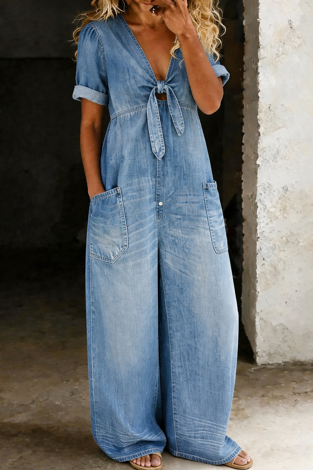 Lucienne | V-Neck Wide-Leg Denim Jumpsuit