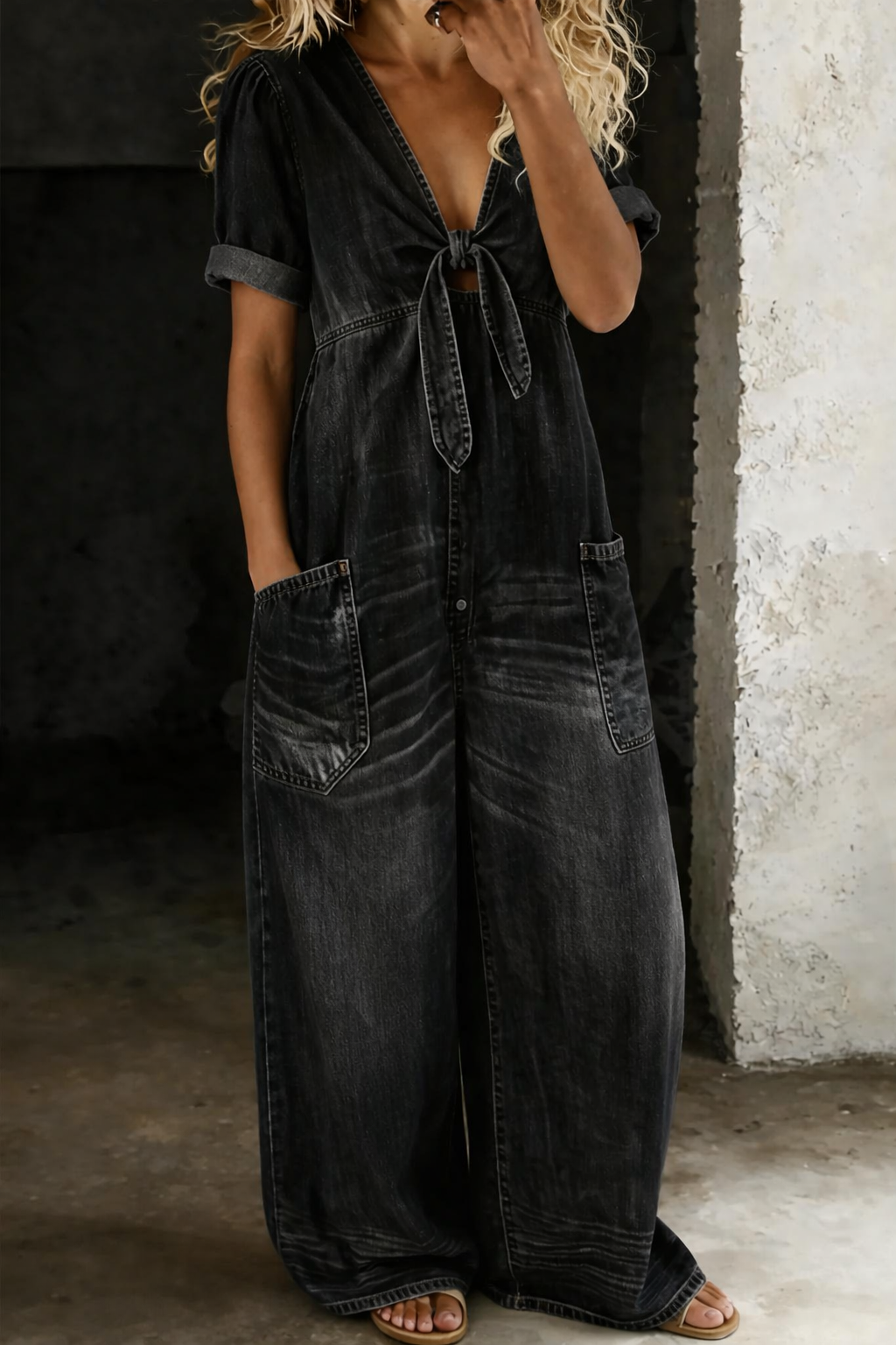 Lucienne | V-Neck Wide-Leg Denim Jumpsuit