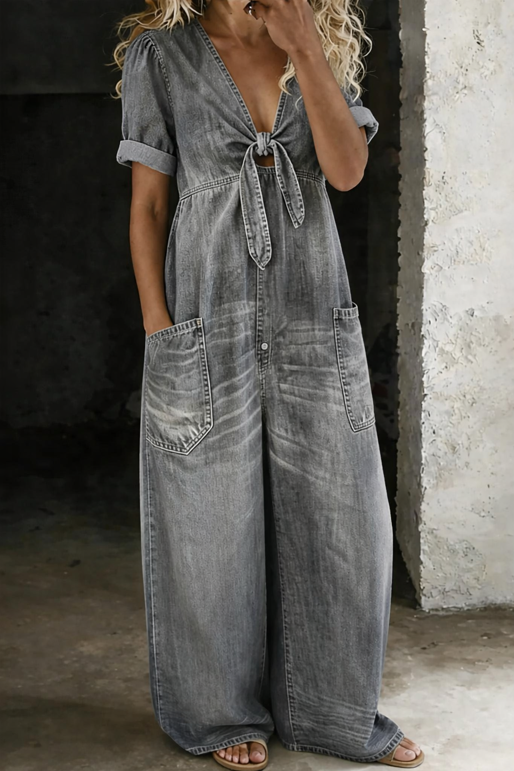 Lucienne | V-Neck Wide-Leg Denim Jumpsuit