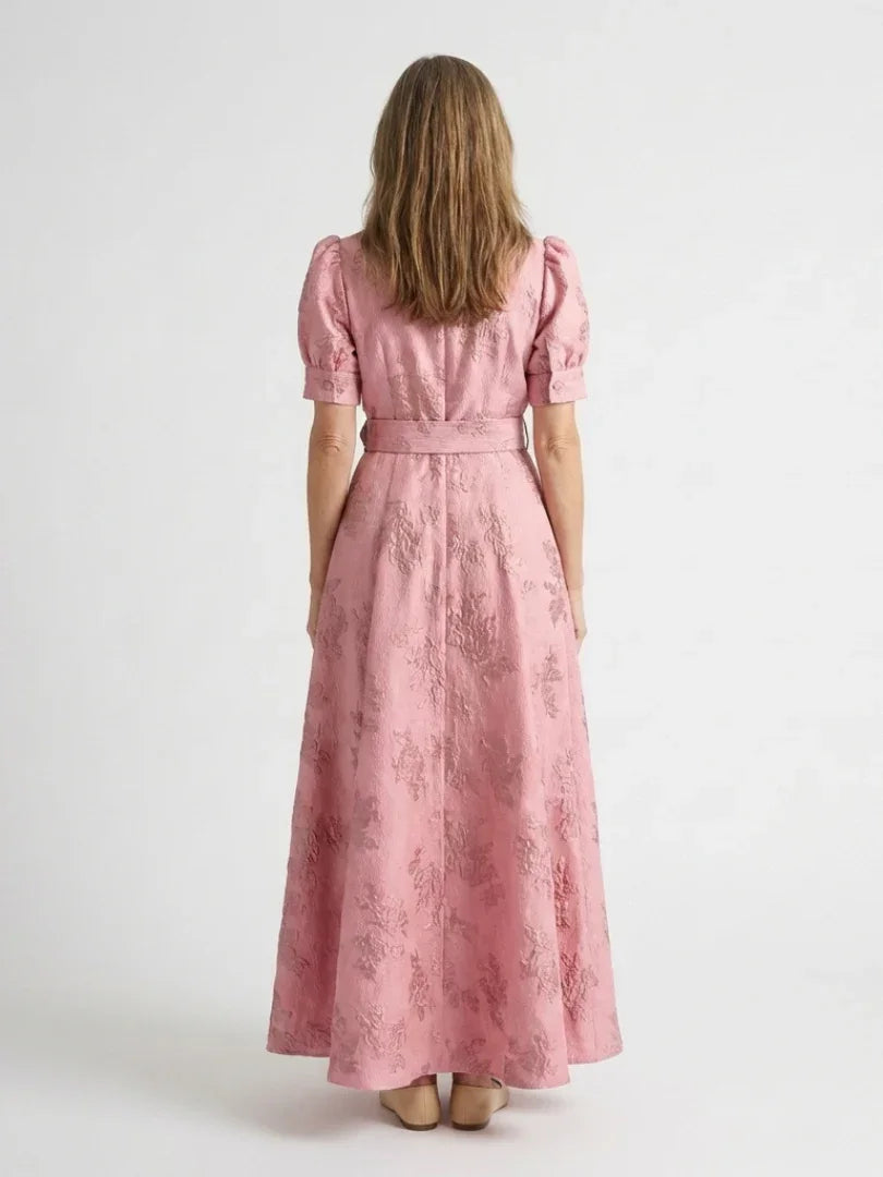 Xanthea | Short Sleeve Belted Floral Textured Maxi Shirt Dress