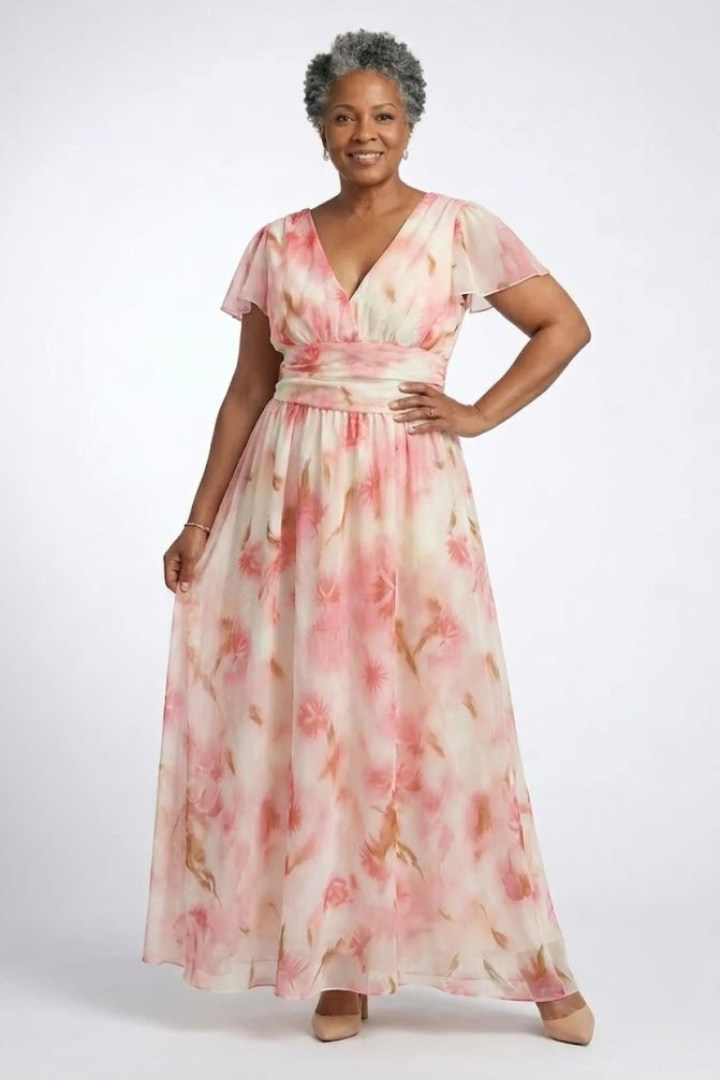Elara | V Neck Short Sleeve Floral Maxi Dress