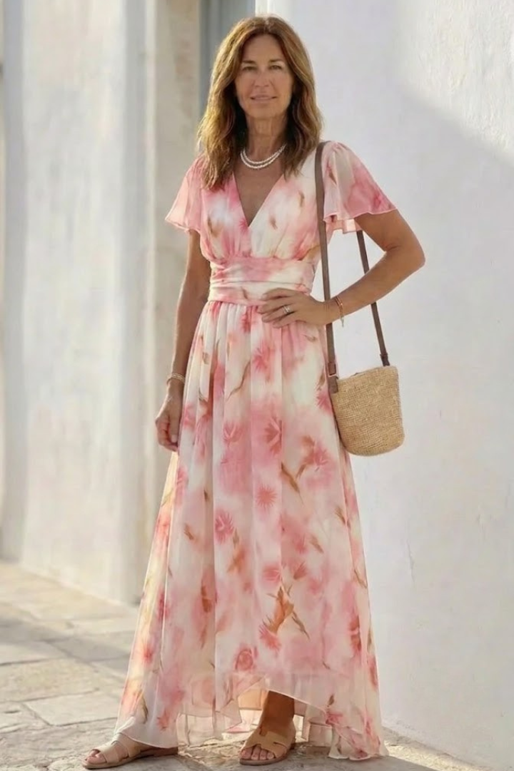 Elara | V Neck Short Sleeve Floral Maxi Dress