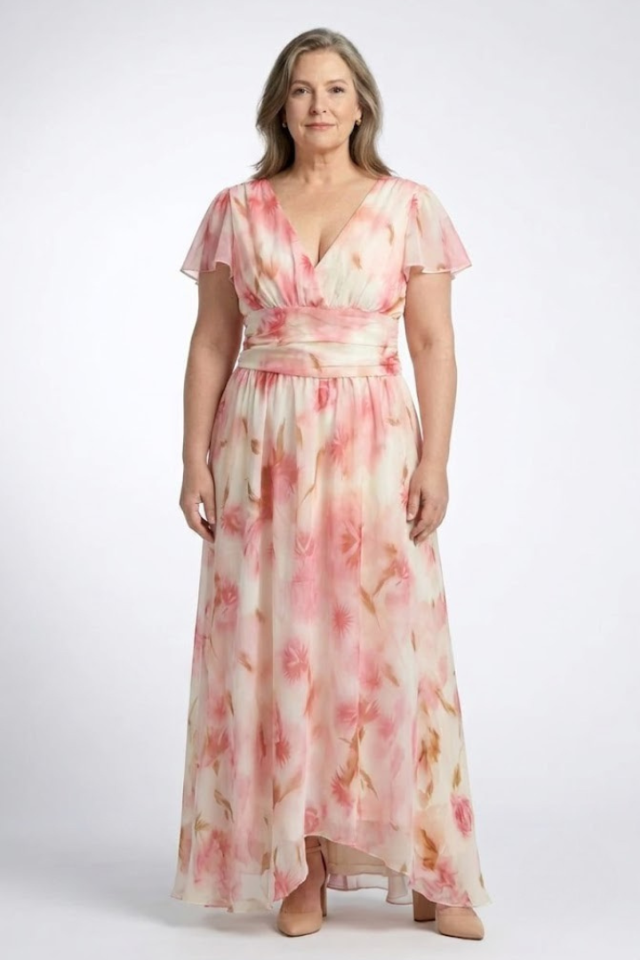 Elara | V Neck Short Sleeve Floral Maxi Dress