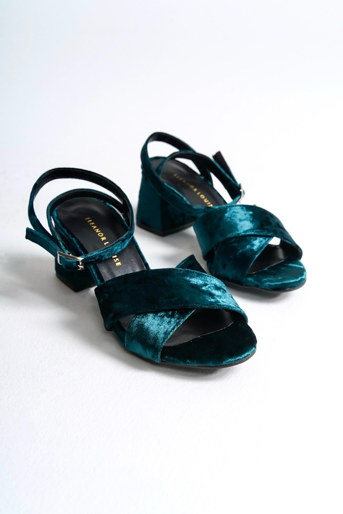 Vivienne | Emerald Green Velvet Mid Heel Sandals
