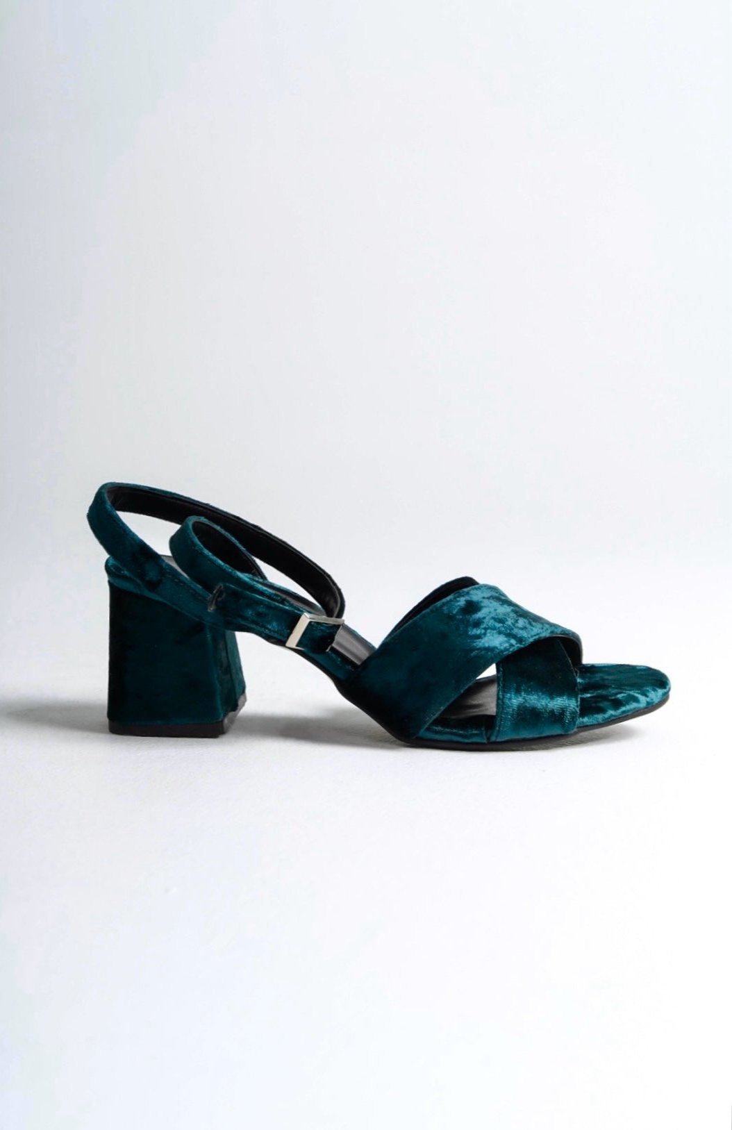 Vivienne | Emerald Green Velvet Mid Heel Sandals