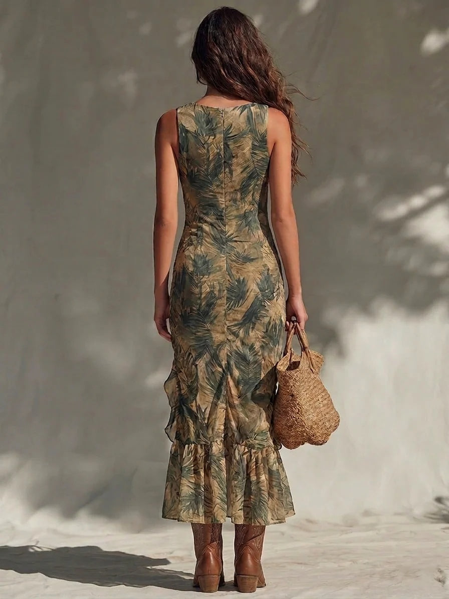 Nina | Palm Print Slit Maxi Dress