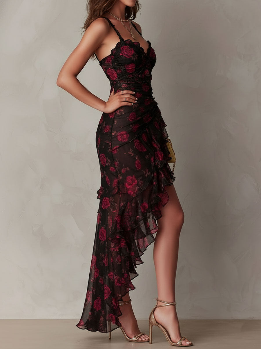 Amelia | Ruched Ruffle Hem Maxi Dress